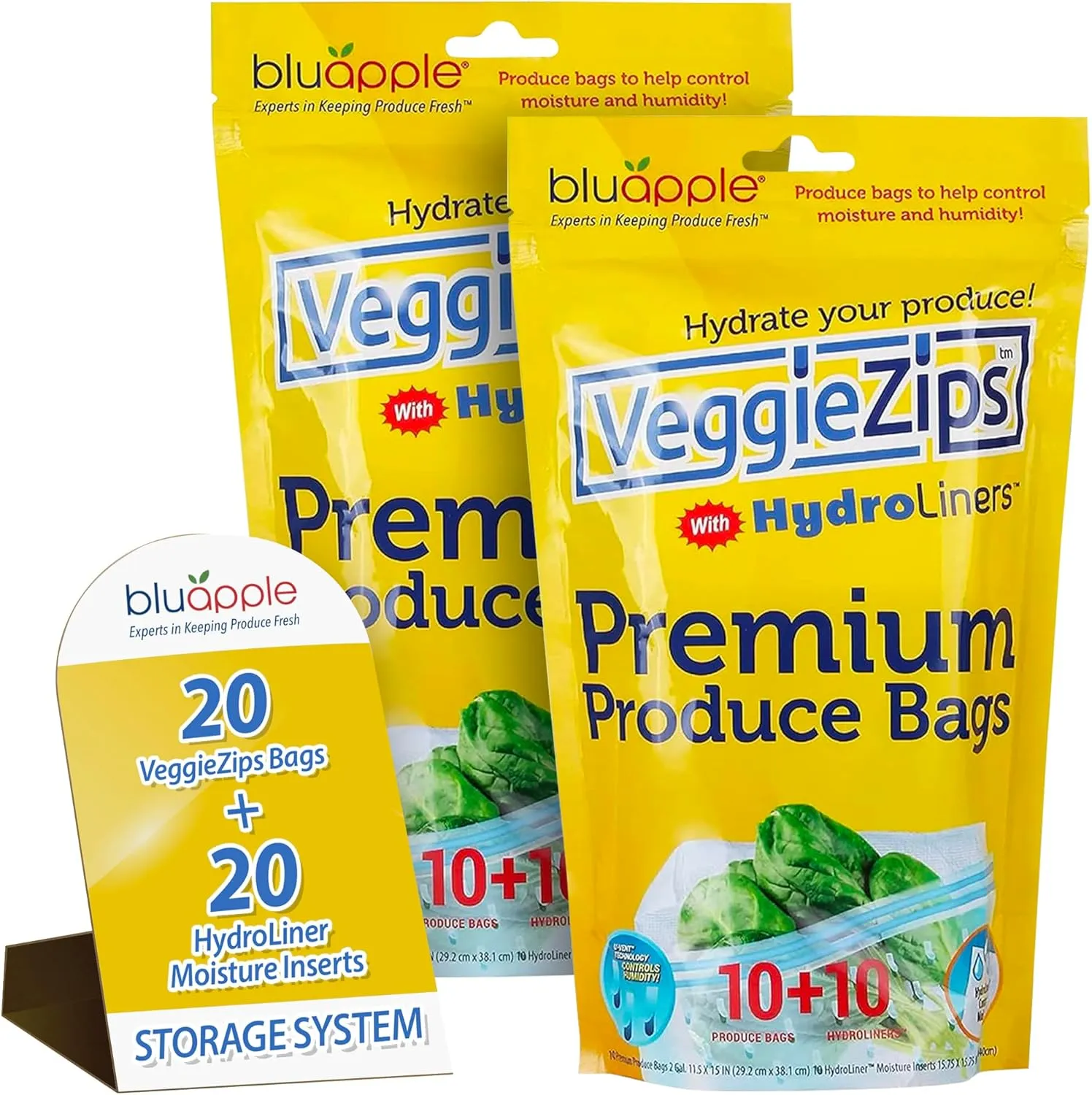 Bluapple VeggieZips Premium Produce Storage System - 40 Piece Set, 20 Food Saver Bags   20 HydroLiners, Keep Produce Fresh Longer, Washable & Reusable Bags with Humidity Control for Fruit & Vegetables