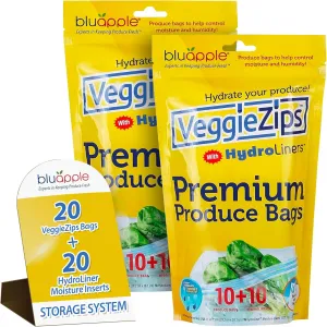 Bluapple VeggieZips Premium Produce Storage System - 40 Piece Set, 20 Food Saver Bags   20 HydroLiners, Keep Produce Fresh Longer, Washable & Reusable Bags with Humidity Control for Fruit & Vegetables