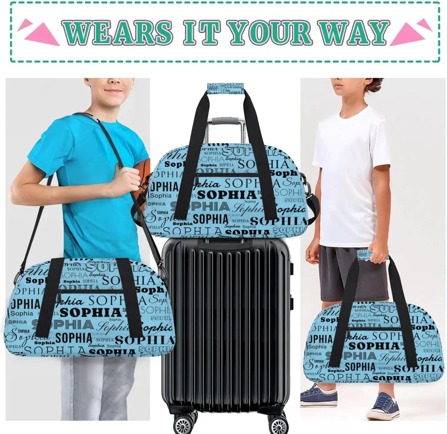 Blue Color Custom Dance Bag Personalized Kids Gym Bag Overnight Duffel Bag Weekender Travel Bags for Girls Gymnastics Creative Name Ballet Bag Customized Kids Gifts