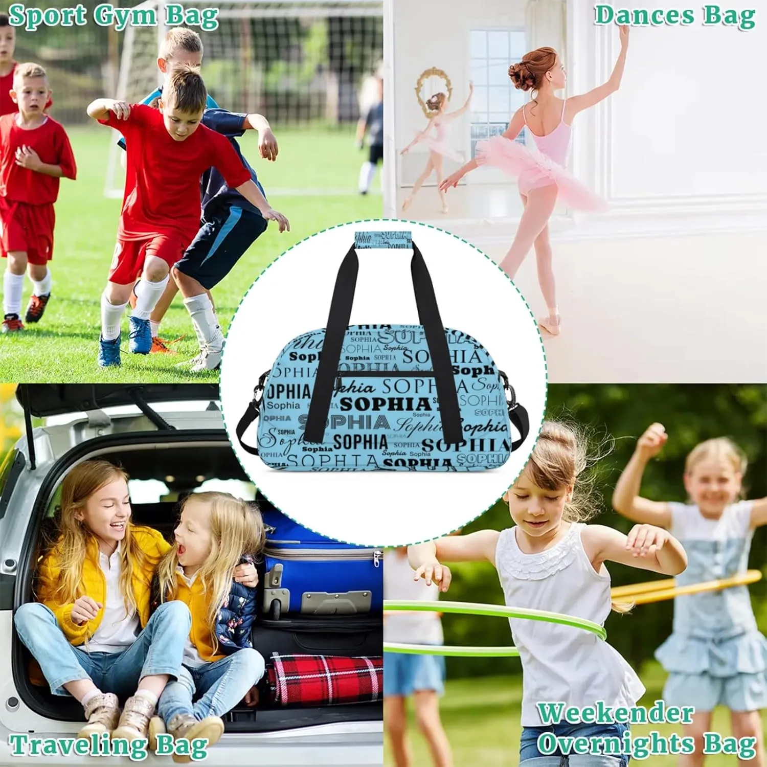 Blue Color Custom Dance Bag Personalized Kids Gym Bag Overnight Duffel Bag Weekender Travel Bags for Girls Gymnastics Creative Name Ballet Bag Customized Kids Gifts