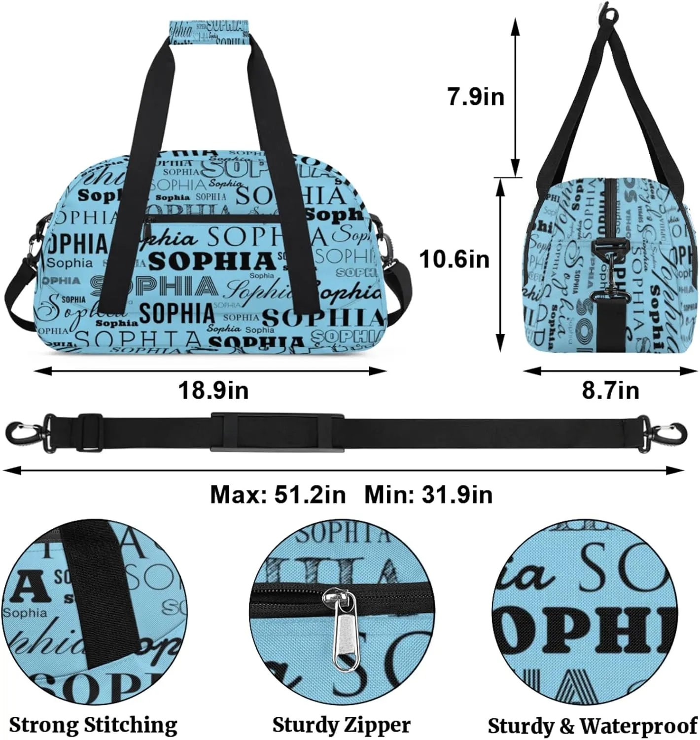 Blue Color Custom Dance Bag Personalized Kids Gym Bag Overnight Duffel Bag Weekender Travel Bags for Girls Gymnastics Creative Name Ballet Bag Customized Kids Gifts