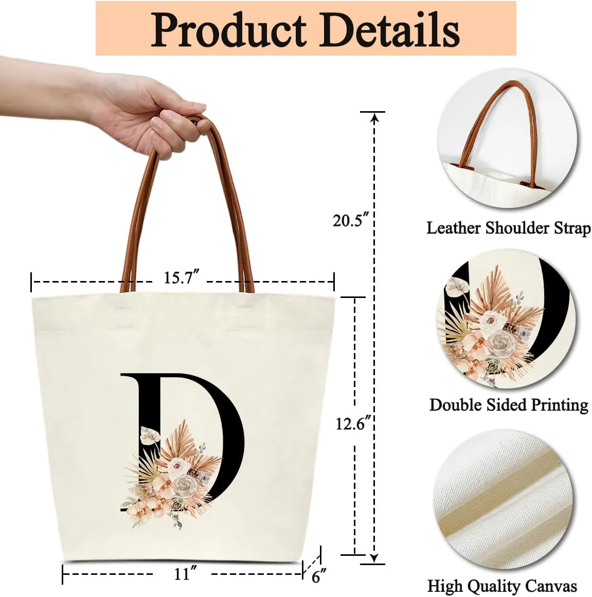 Boho Monogram Initial D Tote Bags for Women, Personalized Canvas Tote Bags Monogrammed Gifts for Women Birthday Wedding Gifts for Mom Sister Teacher Friend Bridesmaid, Beach Bag Shopping Handbag -ZM04