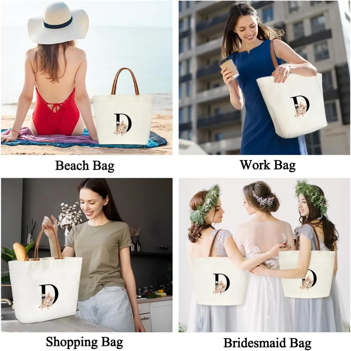 Boho Monogram Initial D Tote Bags for Women, Personalized Canvas Tote Bags Monogrammed Gifts for Women Birthday Wedding Gifts for Mom Sister Teacher Friend Bridesmaid, Beach Bag Shopping Handbag -ZM04