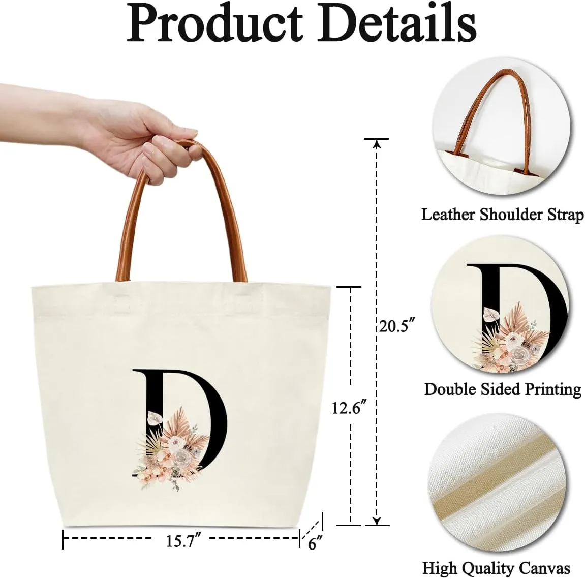 Boho Monogram Initial D Tote Bags for Women, Personalized Canvas Tote Bags Monogrammed Gifts for Women Birthday Wedding Gifts for Mom Sister Teacher Friend Bridesmaid, Beach Bag Shopping Handbag -ZM04