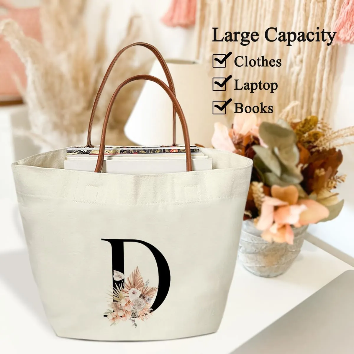 Boho Monogram Initial D Tote Bags for Women, Personalized Canvas Tote Bags Monogrammed Gifts for Women Birthday Wedding Gifts for Mom Sister Teacher Friend Bridesmaid, Beach Bag Shopping Handbag -ZM04