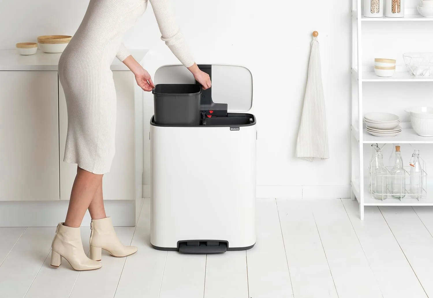 Brabantia Bo Step-On Pedal Trash Can - 2 x 8 Gal Inner Buckets (White) Waste/Recycling Garbage Can, Removable Compartments
