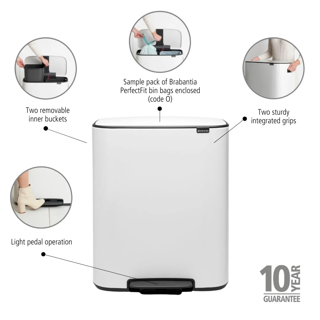 Brabantia Bo Step-On Pedal Trash Can - 2 x 8 Gal Inner Buckets (White) Waste/Recycling Garbage Can, Removable Compartments