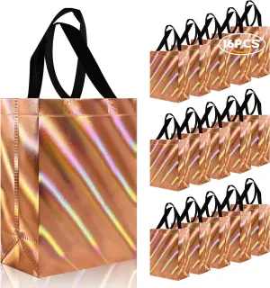cabzymx 16 Pcs Small Holiday Gift Bags Bulk, Rose Gold Reusable Gift Bags with Twill Laser Surface, Unique Non-woven Goodie Bags for Birthday, Wedding, Valentines, Parties, Easter- 8x3.9x9.8 In