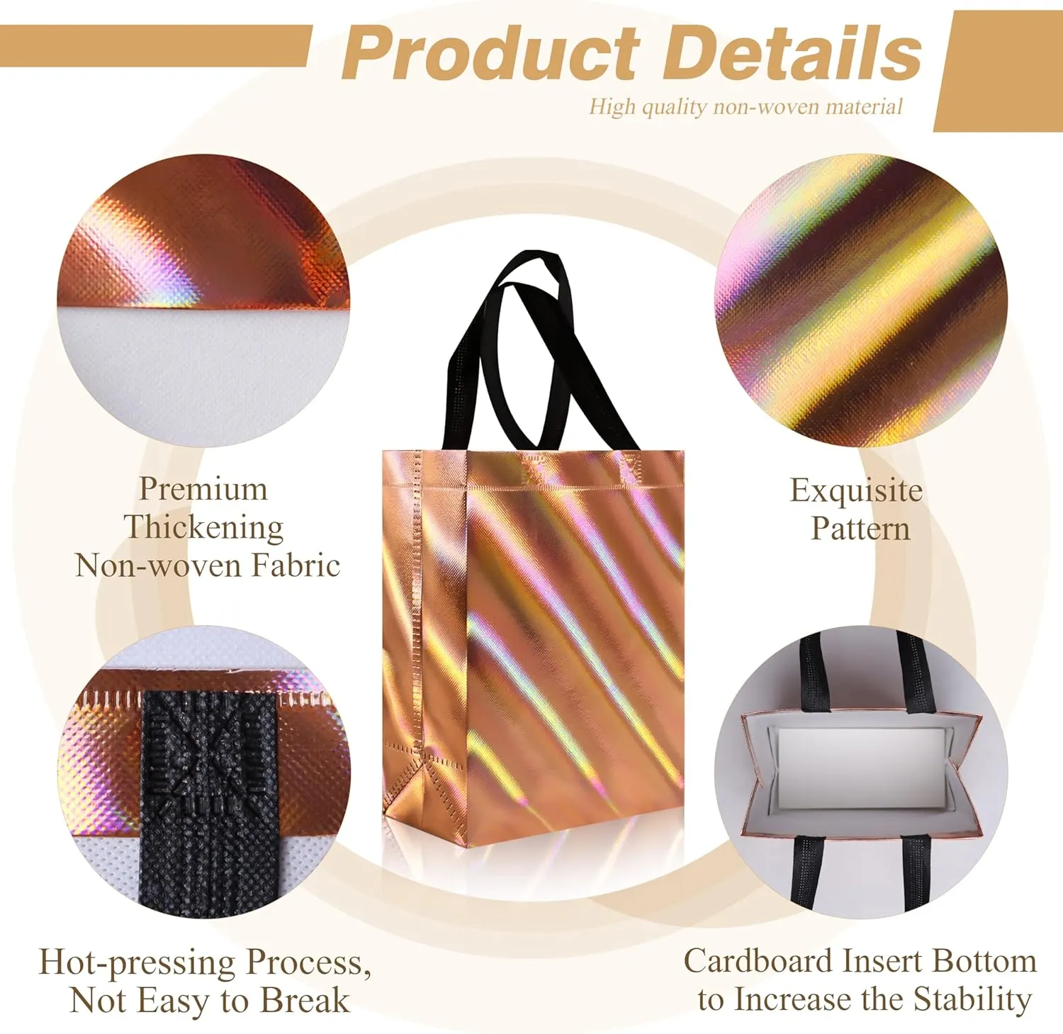 cabzymx 16 Pcs Small Holiday Gift Bags Bulk, Rose Gold Reusable Gift Bags with Twill Laser Surface, Unique Non-woven Goodie Bags for Birthday, Wedding, Valentines, Parties, Easter- 8x3.9x9.8 In