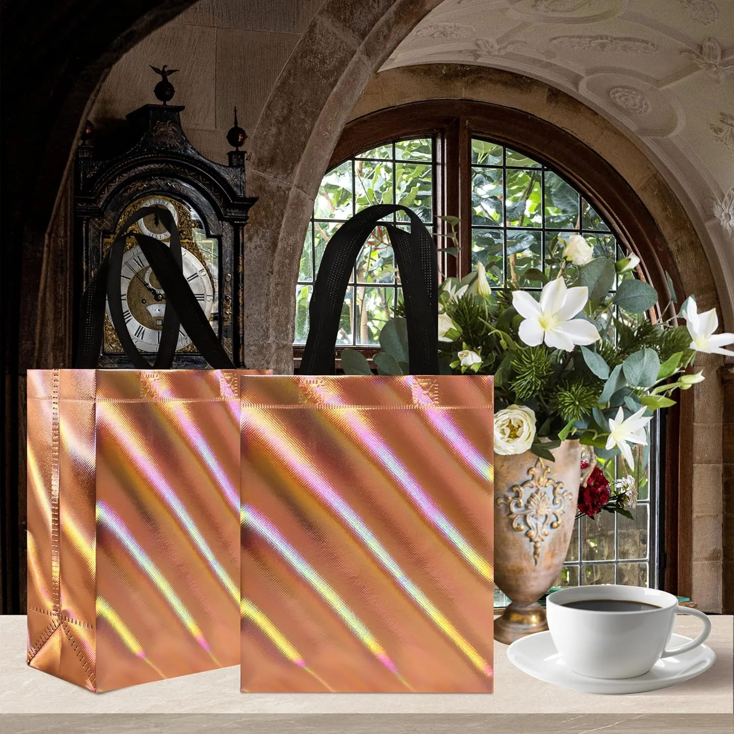 cabzymx 16 Pcs Small Holiday Gift Bags Bulk, Rose Gold Reusable Gift Bags with Twill Laser Surface, Unique Non-woven Goodie Bags for Birthday, Wedding, Valentines, Parties, Easter- 8x3.9x9.8 In