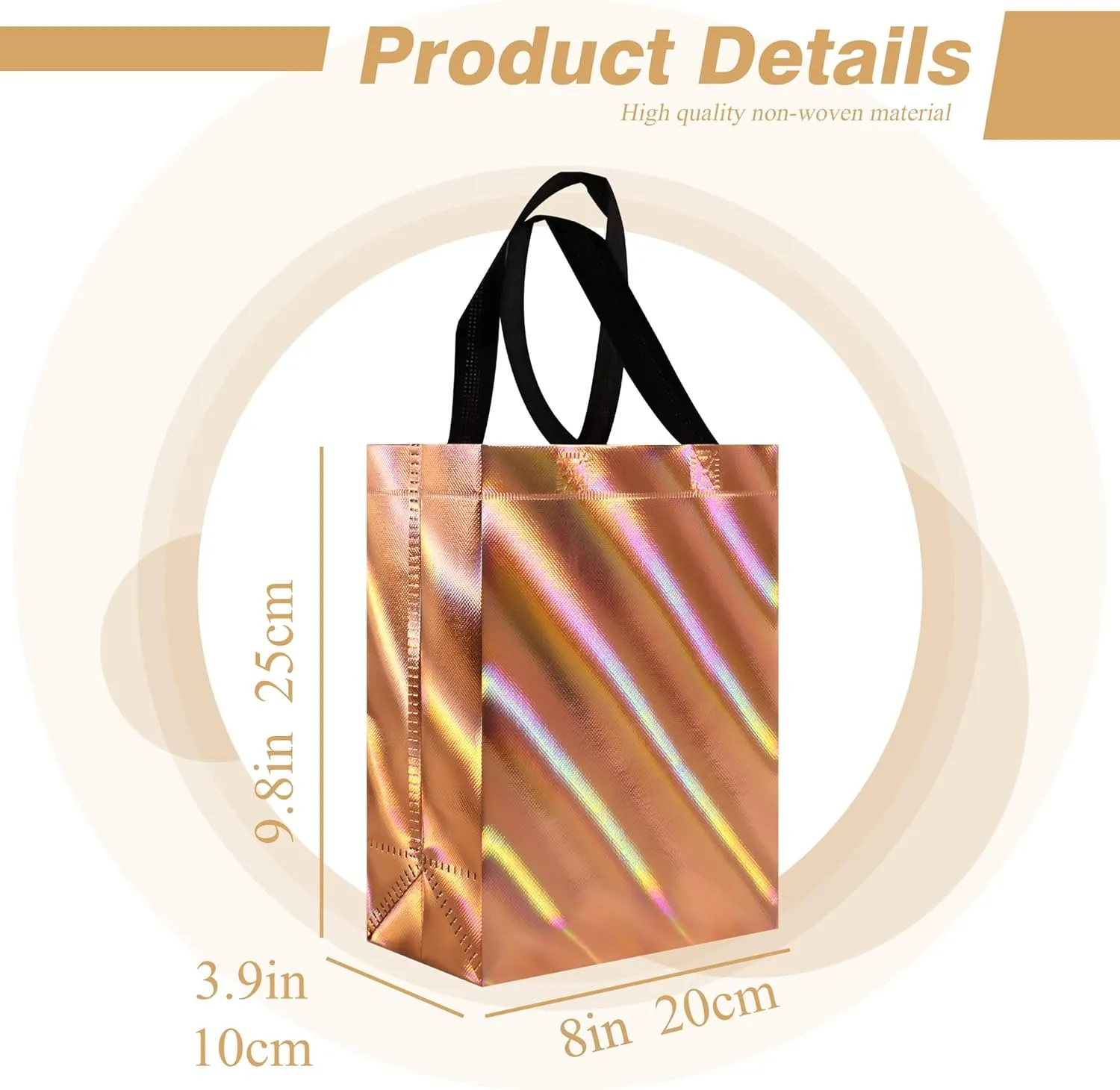 cabzymx 16 Pcs Small Holiday Gift Bags Bulk, Rose Gold Reusable Gift Bags with Twill Laser Surface, Unique Non-woven Goodie Bags for Birthday, Wedding, Valentines, Parties, Easter- 8x3.9x9.8 In