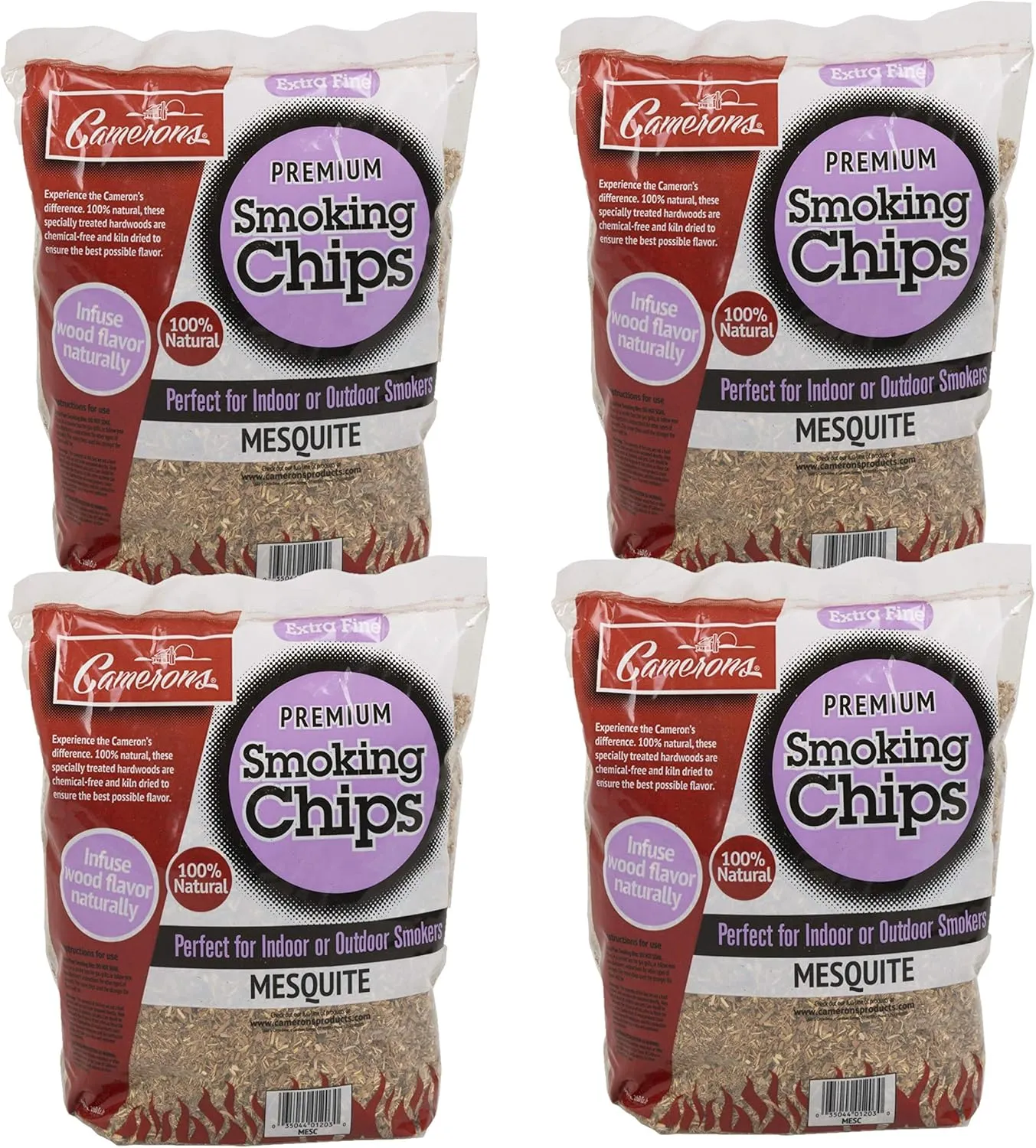 Camerons All Natural Extra Fine Mesquite BBQ Wood Chips, 4 Pack -260 Cu. In. Bag, Approx 2 lbs ea- Kiln Dried Sawdust Shavings for Cocktail Smoking Guns, Smokers, Smoke Boxes - Barbecue Grilling Gifts