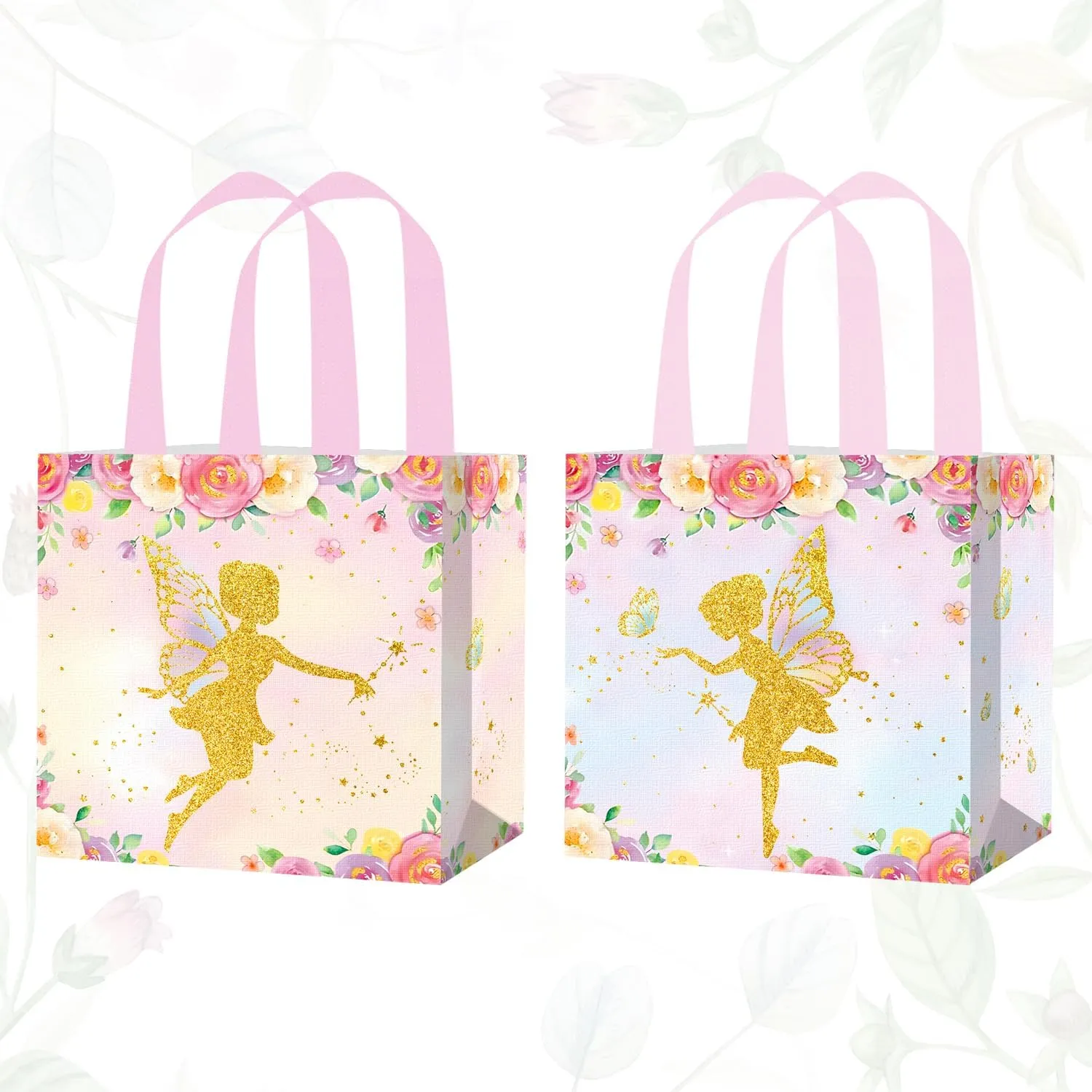 CANDY CHEF Fairy Party Favor Bags 12-Pieces Fairy Theme Birthday Party Supplies Fairy Garden Gift Bag Non-woven Fairy Tale Party Treat Bags with Handles for Fairy First Birthday Baby Shower Decor