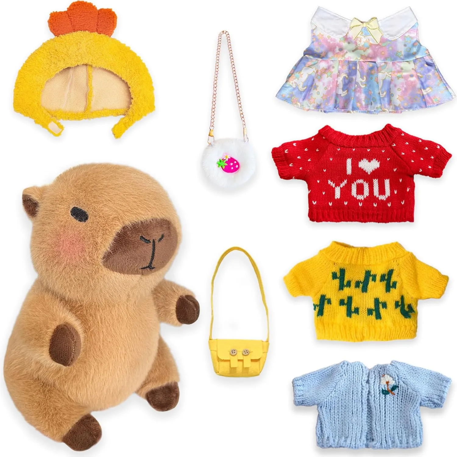 Capybara Plush Toy with 7 Pcs Clothes & Accessories, Cute Capybara Stuffed Animal with Outfits (Brown)