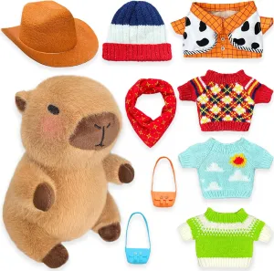 Capybara Plush with 9 pcs Clothes & Accessories, 10.2 in Cute Capybara Stuffed Animal Plush Toys, Dress Up Cute Plushies for Girls/Boys