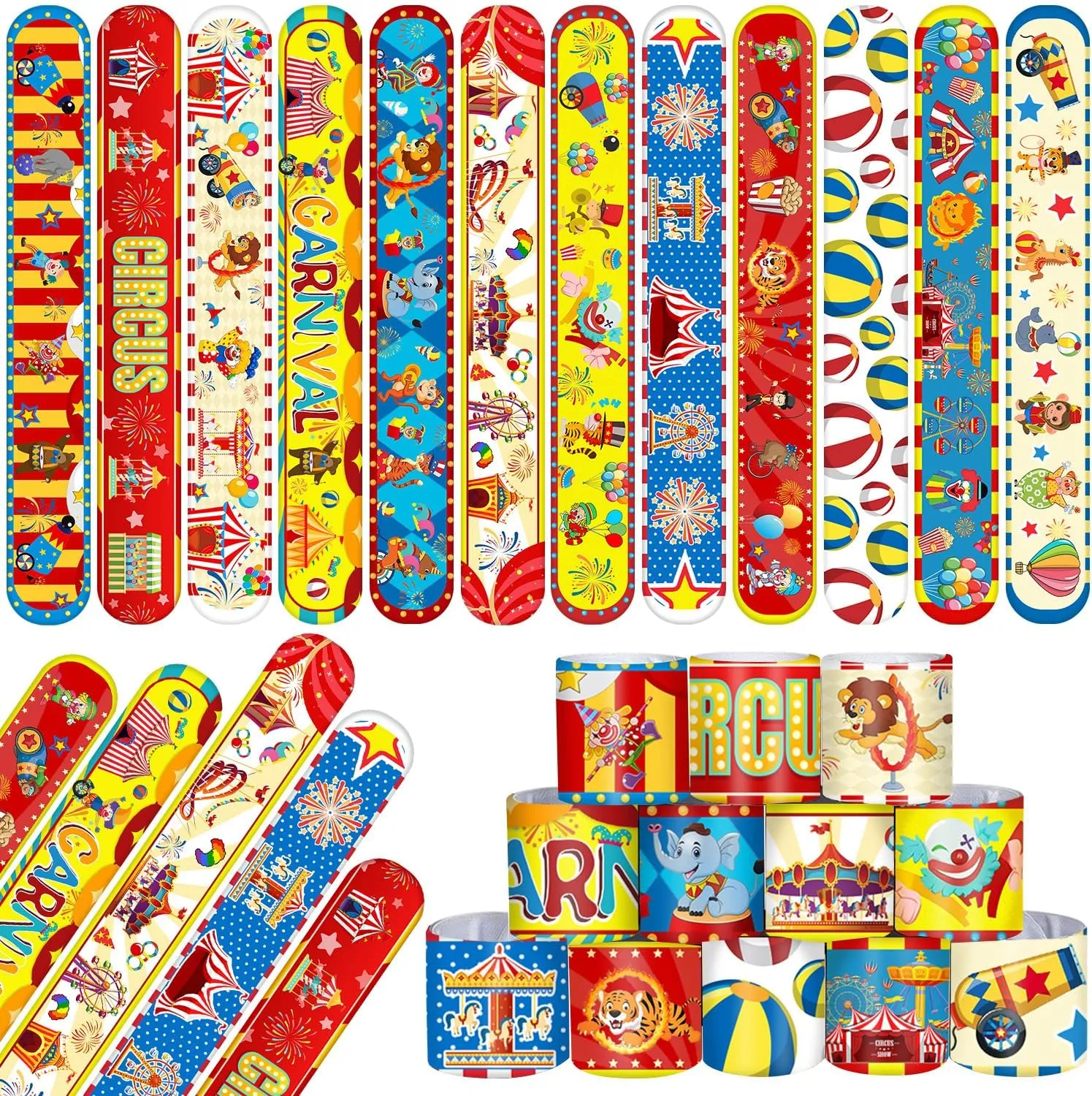 Carnival Party Favors 60 PCS Circus Carnival Clown Animal Slap Bracelets Wristbands for Kids Carnival Theme Birthday Party Decorations Supplies Baby Shower Classroom Rewards Gifts
