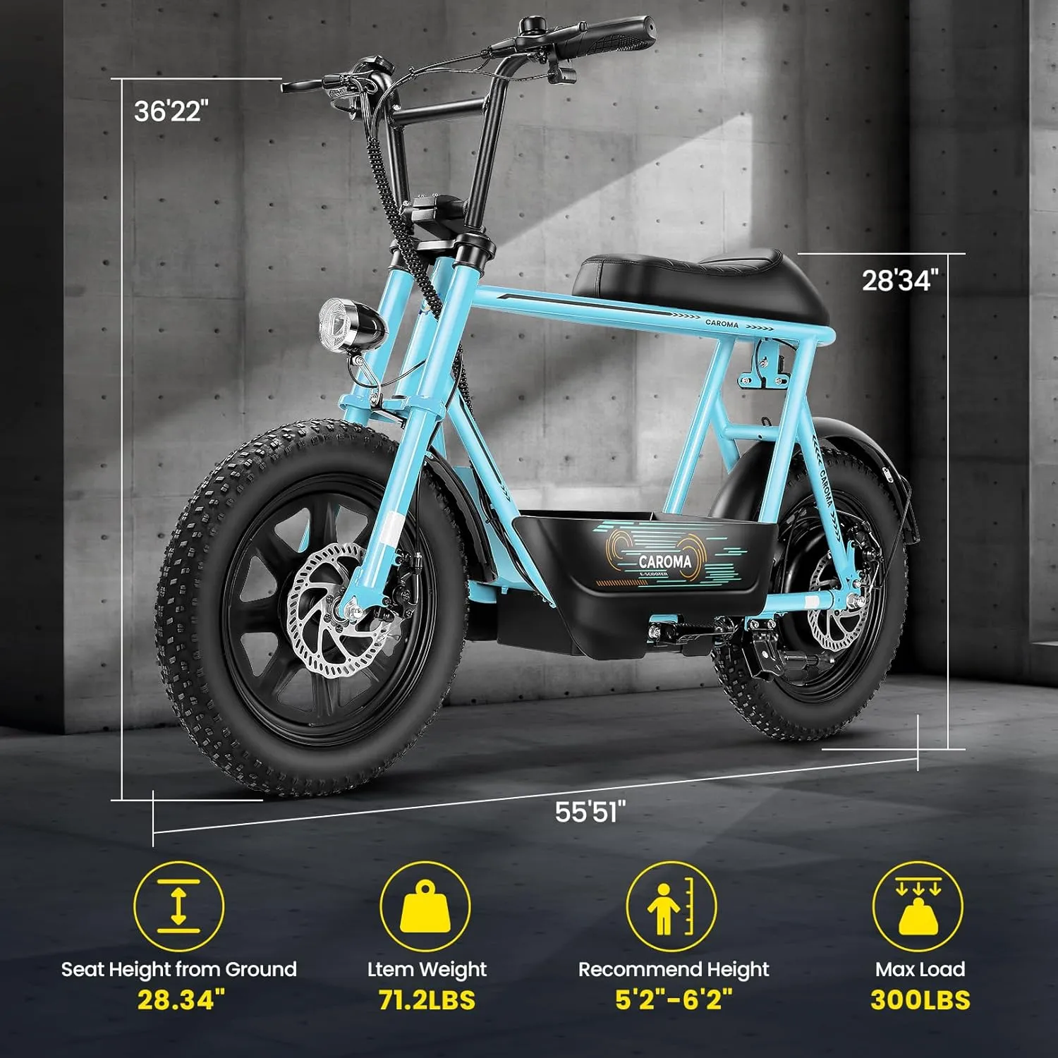Caroma Peak 1200W Electric Scooter with Seat, 16"*3" Fat Tire Electric Dirt Bike for All-Terrain, 30 Miles Ranges 20MPH Max Speed, Electric Motorcycle with Storage Basket for Adults Cargo & Commuting
