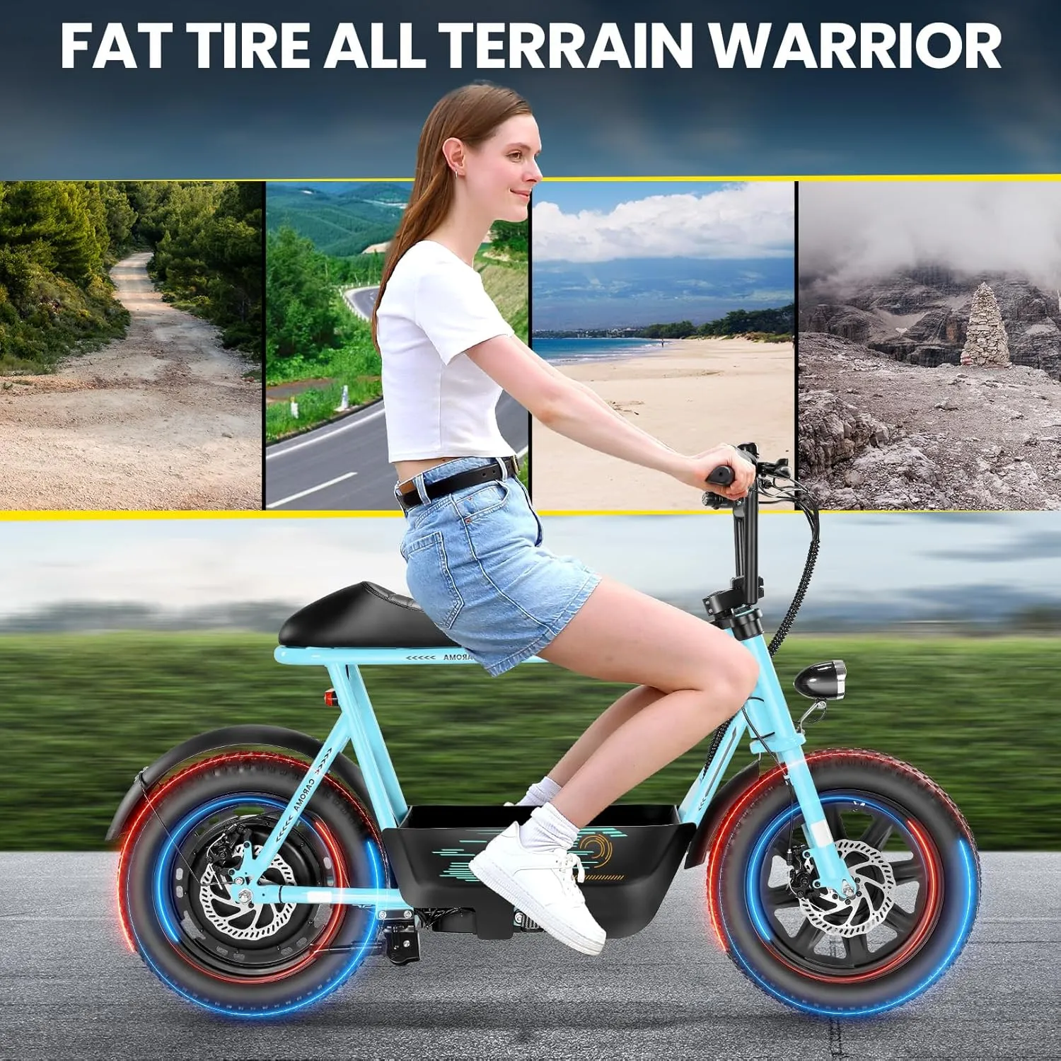 Caroma Peak 1200W Electric Scooter with Seat, 16"*3" Fat Tire Electric Dirt Bike for All-Terrain, 30 Miles Ranges 20MPH Max Speed, Electric Motorcycle with Storage Basket for Adults Cargo & Commuting
