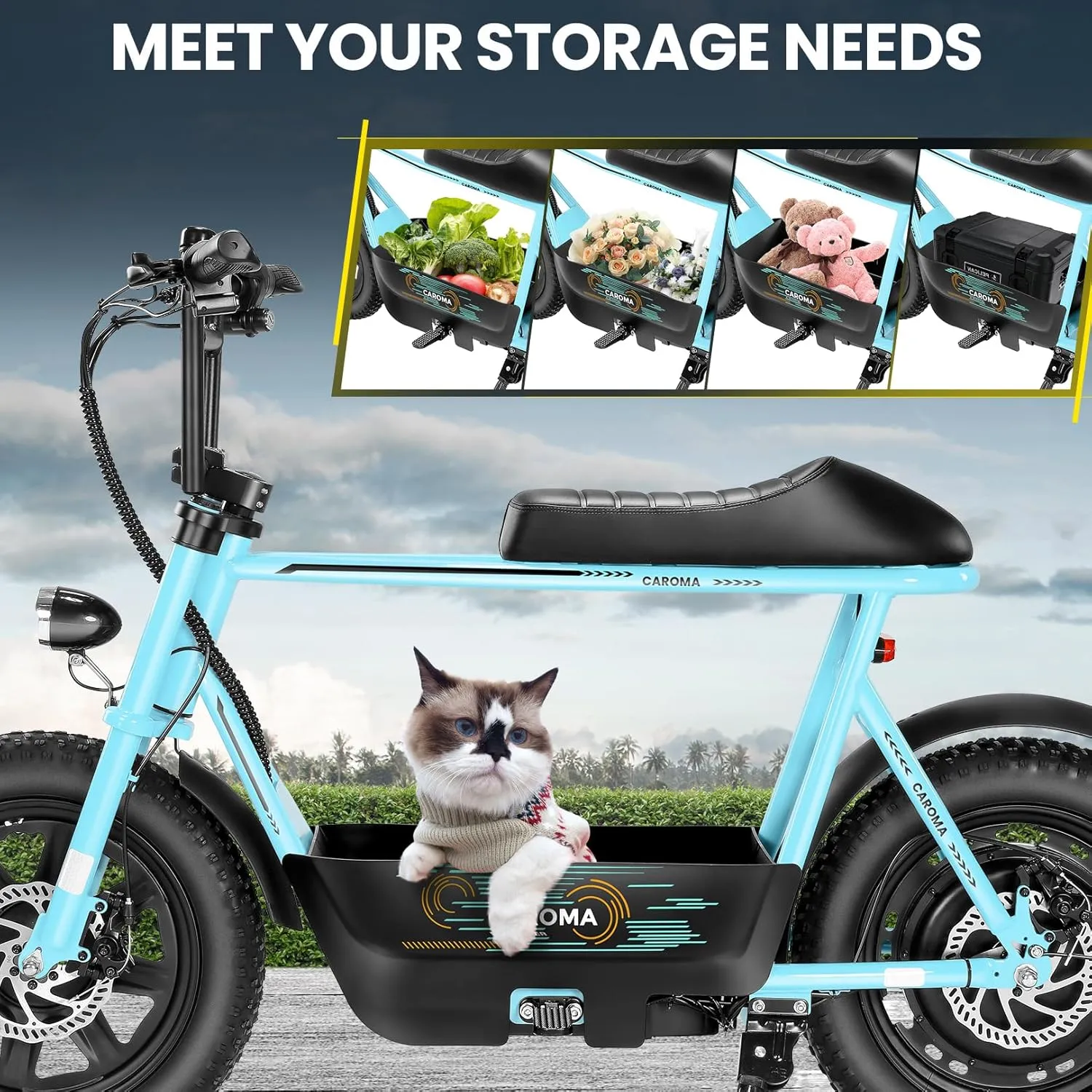 Caroma Peak 1200W Electric Scooter with Seat, 16"*3" Fat Tire Electric Dirt Bike for All-Terrain, 30 Miles Ranges 20MPH Max Speed, Electric Motorcycle with Storage Basket for Adults Cargo & Commuting