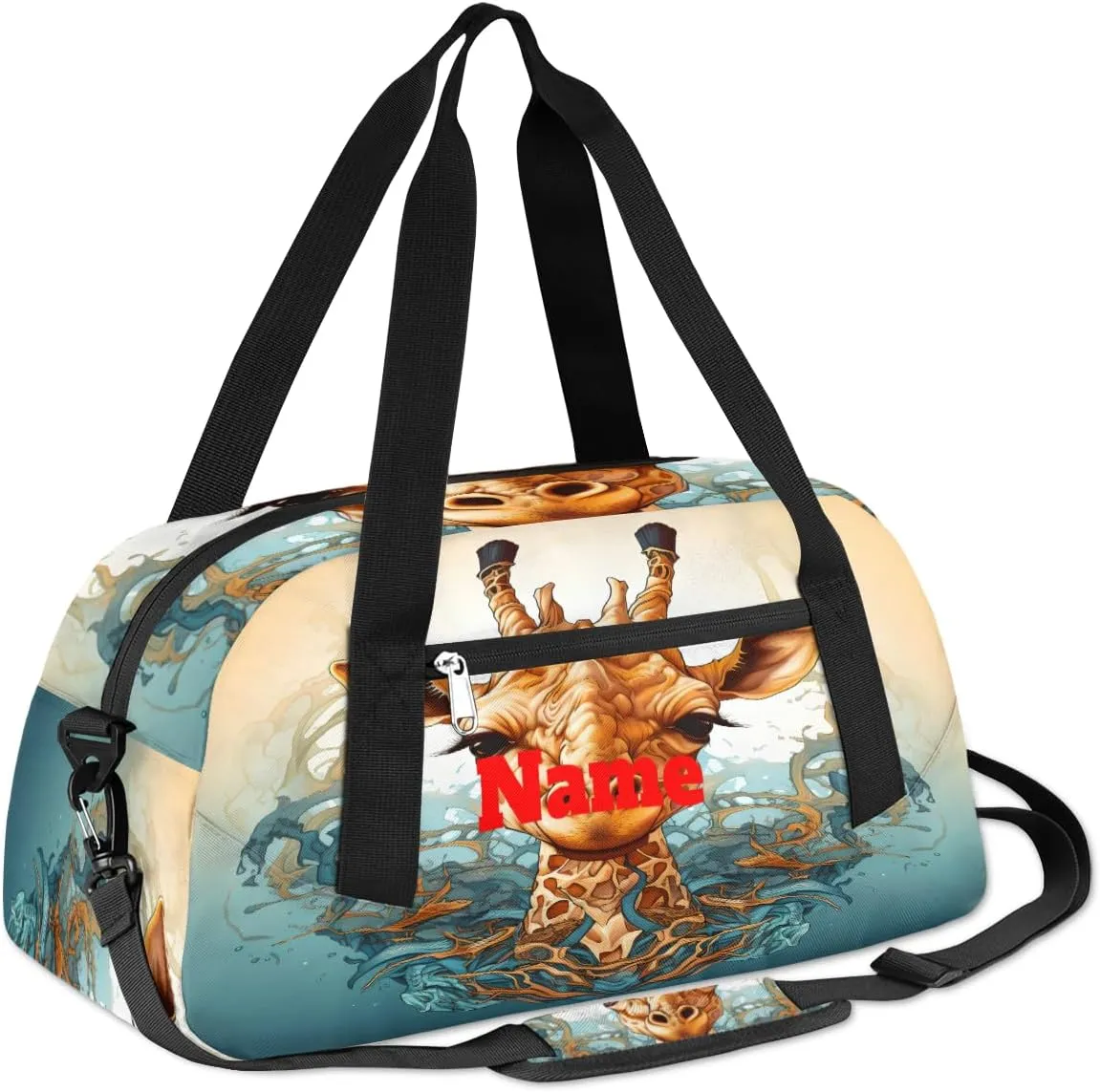 Cartoon Cute Giraffe Custom Name Kids Duffel Bags Personalized Customized Gifts Sports Gym Bag Girls Dance Bag Overnight Weekender Sleepover Carry On Travel Tote Bag for Boys Girls