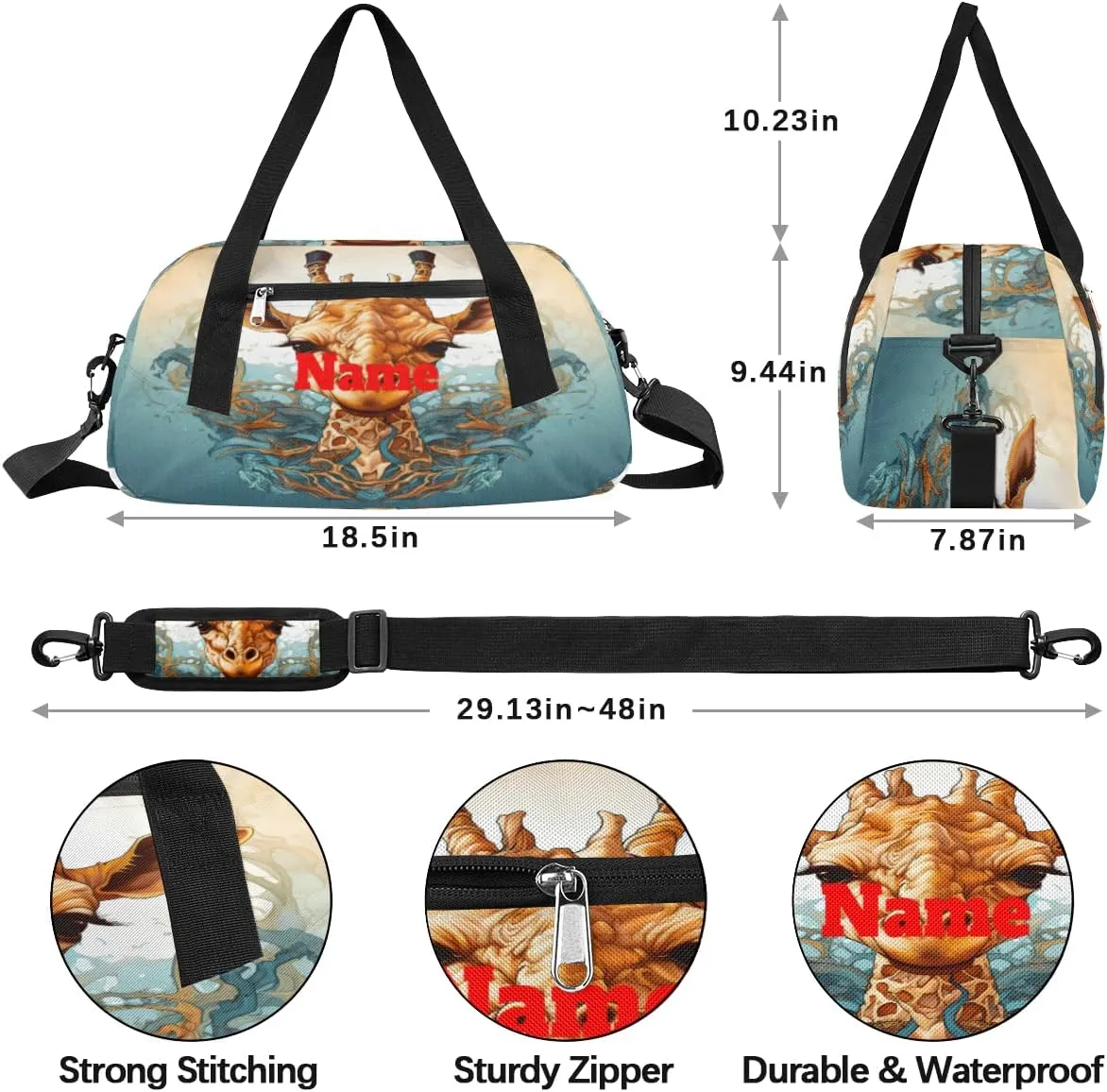 Cartoon Cute Giraffe Custom Name Kids Duffel Bags Personalized Customized Gifts Sports Gym Bag Girls Dance Bag Overnight Weekender Sleepover Carry On Travel Tote Bag for Boys Girls