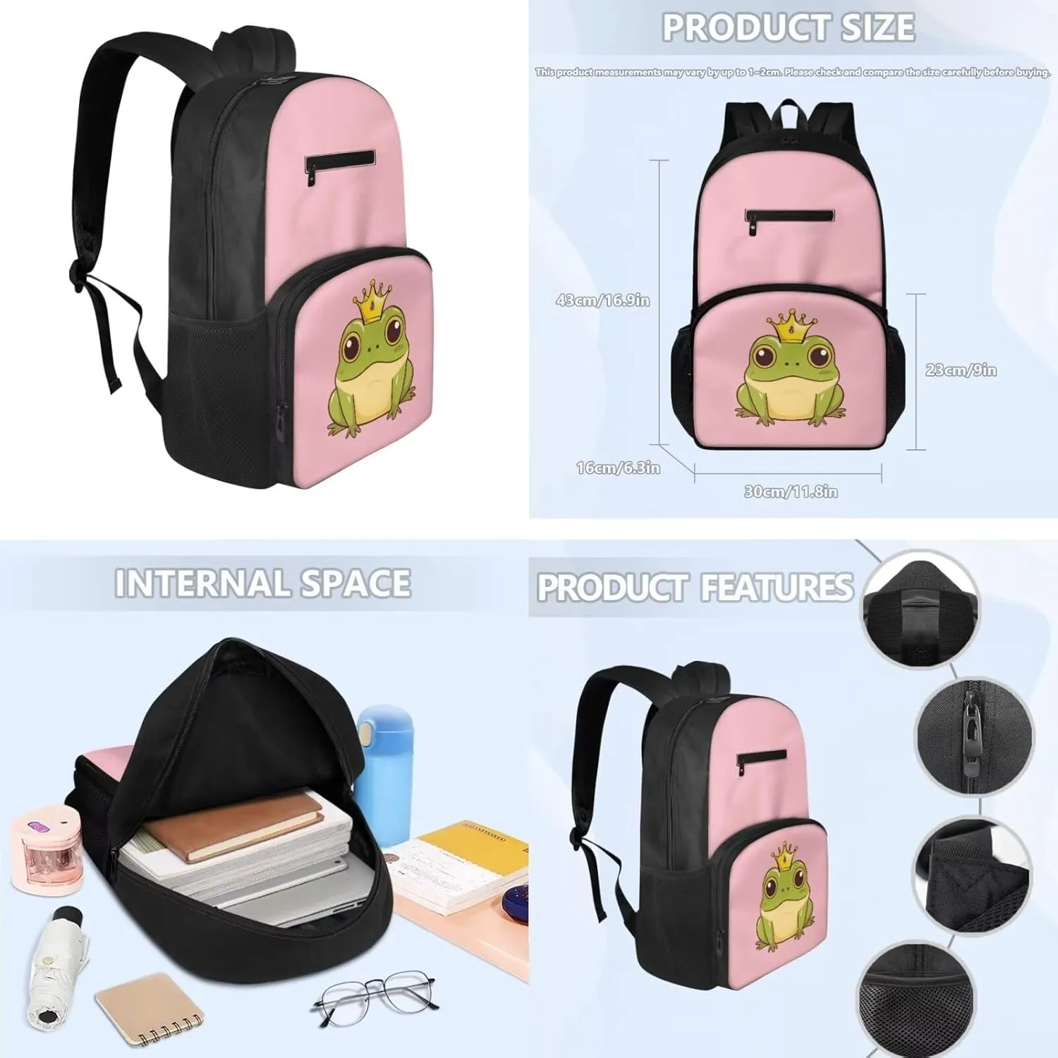 Cartoon Frog 3 Piece Backpack Set for Girls Boys, Fashion School Bags with Insulated Lunch Box Cute Pencil Case Handbag Zipper Pencil Case Waterproof Book Shoulder Bags for High School