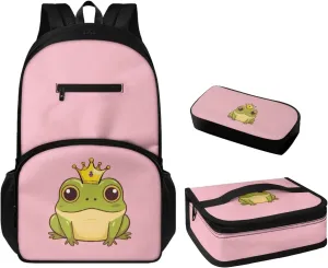 Cartoon Frog 3 Piece Backpack Set for Girls Boys, Fashion School Bags with Insulated Lunch Box Cute Pencil Case Handbag Zipper Pencil Case Waterproof Book Shoulder Bags for High School