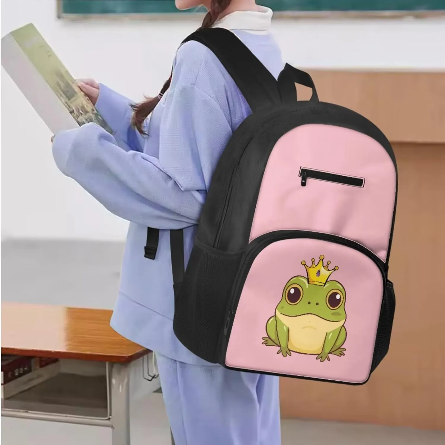 Cartoon Frog 3 Piece Backpack Set for Girls Boys, Fashion School Bags with Insulated Lunch Box Cute Pencil Case Handbag Zipper Pencil Case Waterproof Book Shoulder Bags for High School