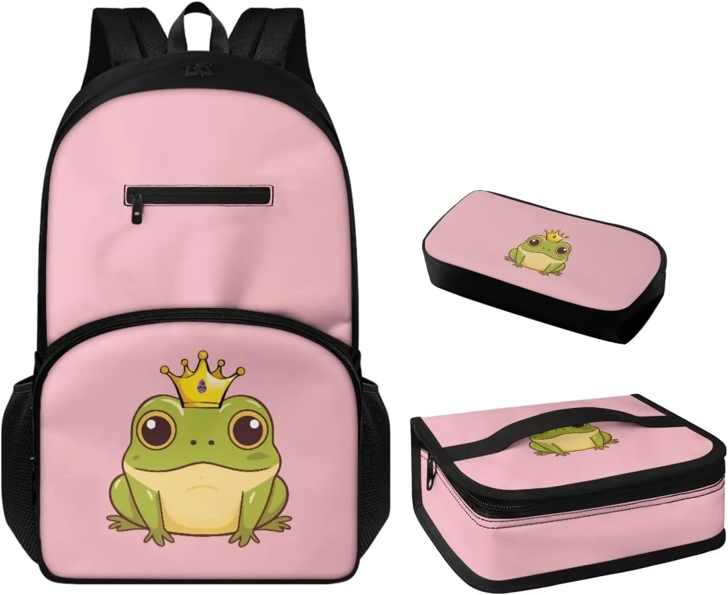 Cartoon Frog 3 Piece Backpack Set for Girls Boys, Fashion School Bags with Insulated Lunch Box Cute Pencil Case Handbag Zipper Pencil Case Waterproof Book Shoulder Bags for High School