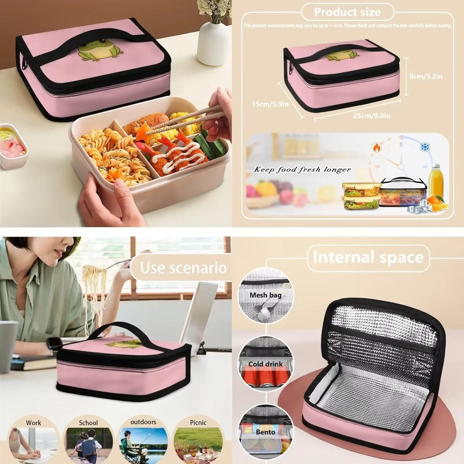 Cartoon Frog 3 Piece Backpack Set for Girls Boys, Fashion School Bags with Insulated Lunch Box Cute Pencil Case Handbag Zipper Pencil Case Waterproof Book Shoulder Bags for High School