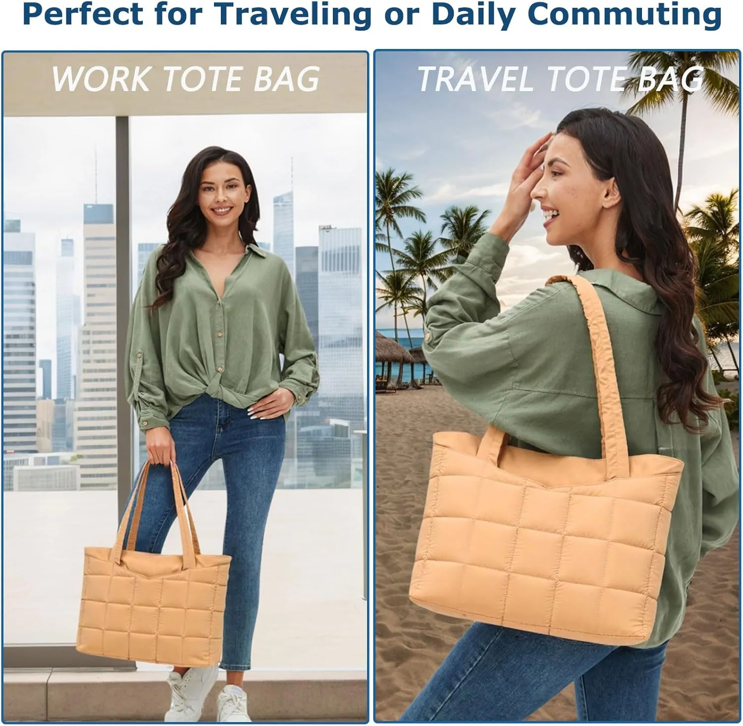 CATMICOO Puffer Tote Bag for Women Quilted Puffy Shoulder Handbag with Zipper for Travel, Work, Gym