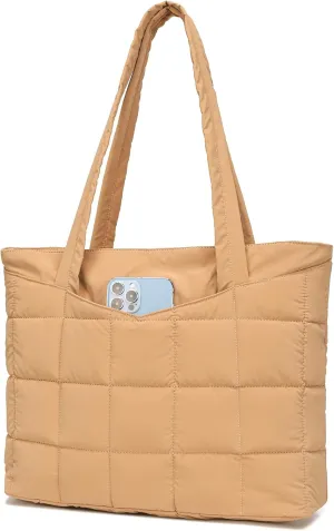 CATMICOO Puffer Tote Bag for Women Quilted Puffy Shoulder Handbag with Zipper for Travel, Work, Gym