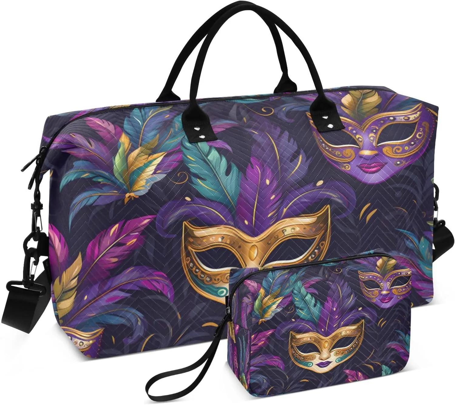 CEBUGI Carnival Masks and Beads Quilted Duffle Bag for Women Large Carry On Travel Weekend Bag Hospital Bags for Labor and Delivery
