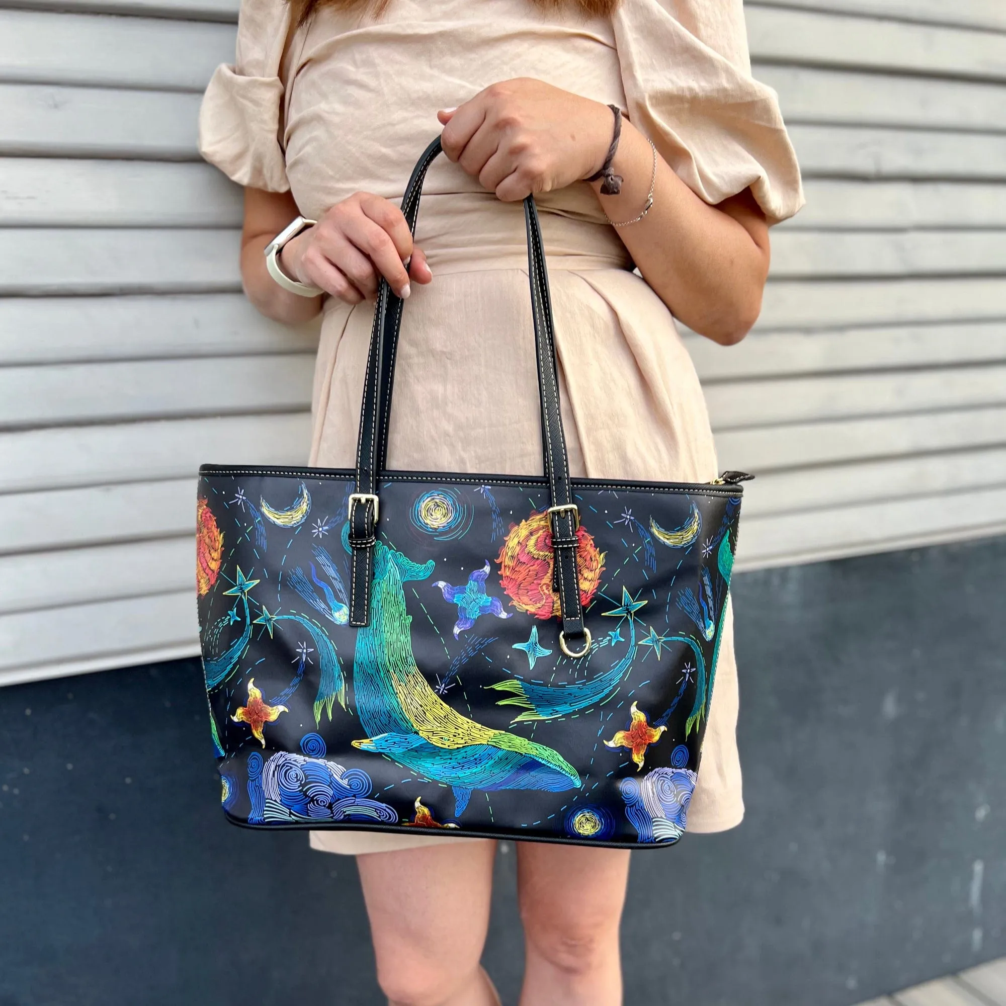 Celestial Whales | Leather Tote Bag