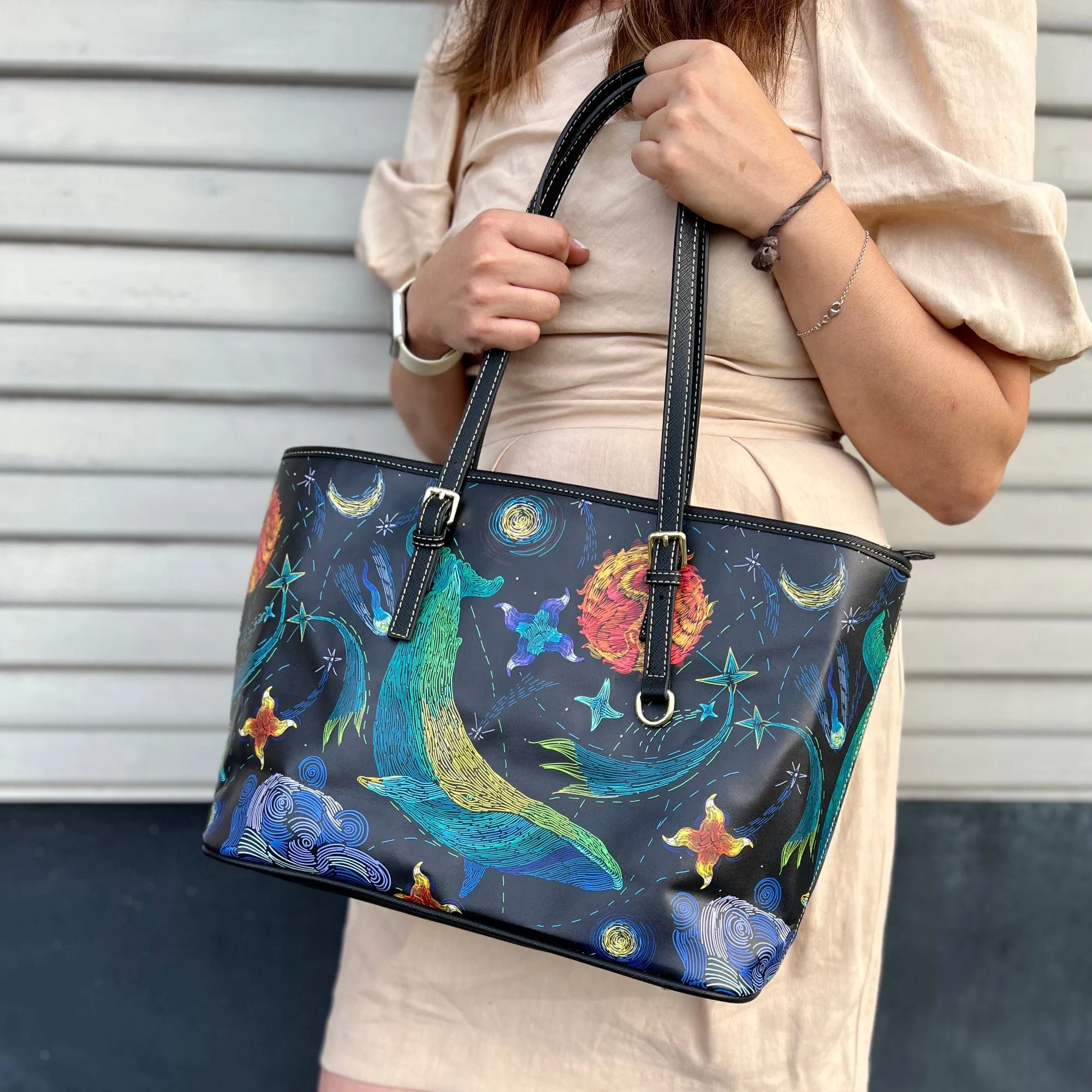 Celestial Whales | Leather Tote Bag