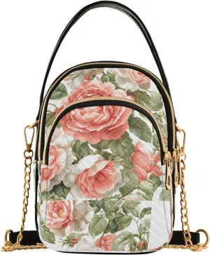 Chain Crossbody Bags for Women Coral Flower Pink Butterfly Pattern Quilted Shoulder Handbags Travel Cross Body Cell Phone Purses Bags
