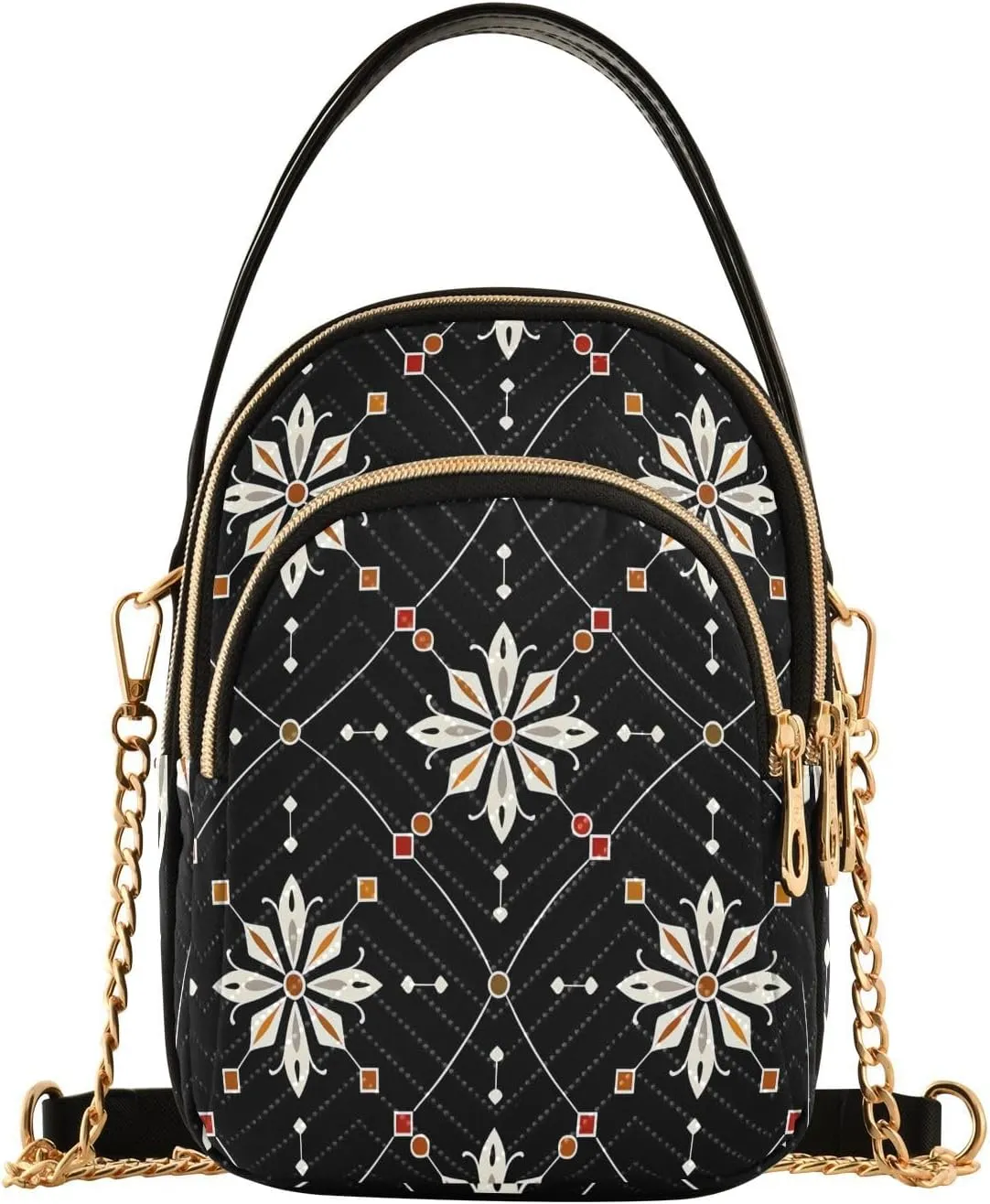 Chain Crossbody Bags for Women Geometric Floral Black Pattern Quilted Shoulder Handbags Travel Cross Body Cell Phone Purses Bags