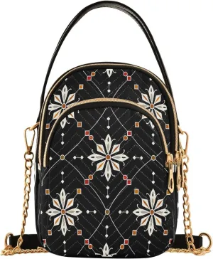 Chain Crossbody Bags for Women Geometric Floral Black Pattern Quilted Shoulder Handbags Travel Cross Body Cell Phone Purses Bags