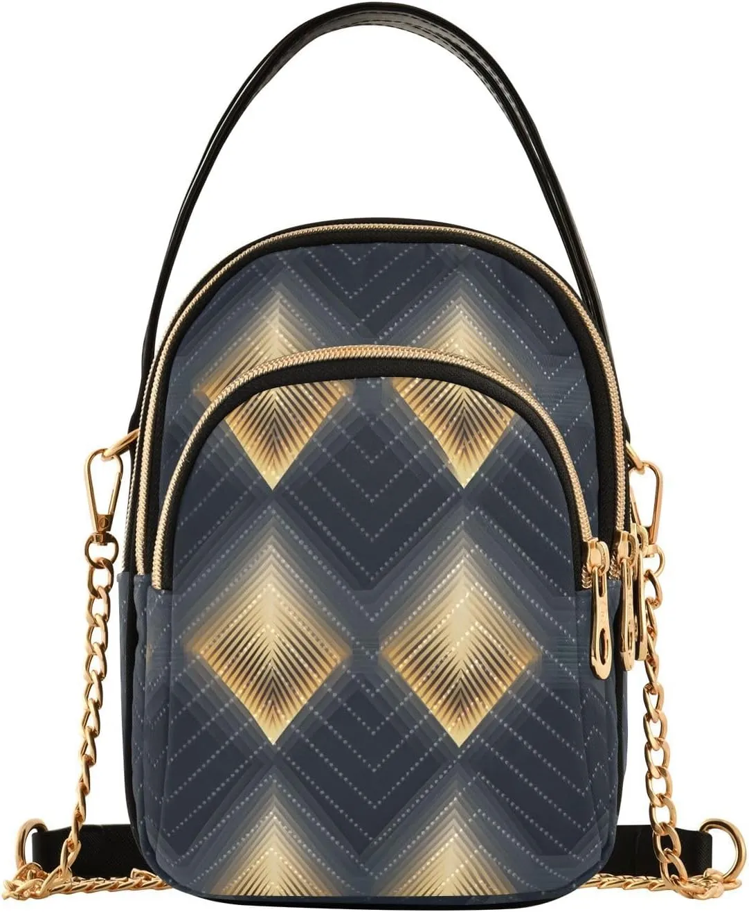 Chain Crossbody Bags for Women Geometric Pattern Gold Grey Quilted Shoulder Handbags Travel Cross Body Cell Phone Purses Bags