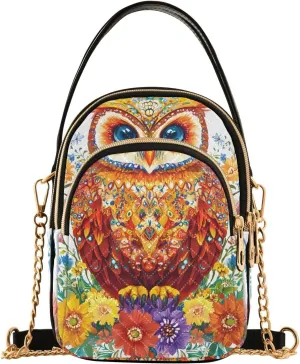 Chain Crossbody Bags for Women Owl Flower White Background Quilted Shoulder Handbags Travel Cross Body Cell Phone Purses Bags