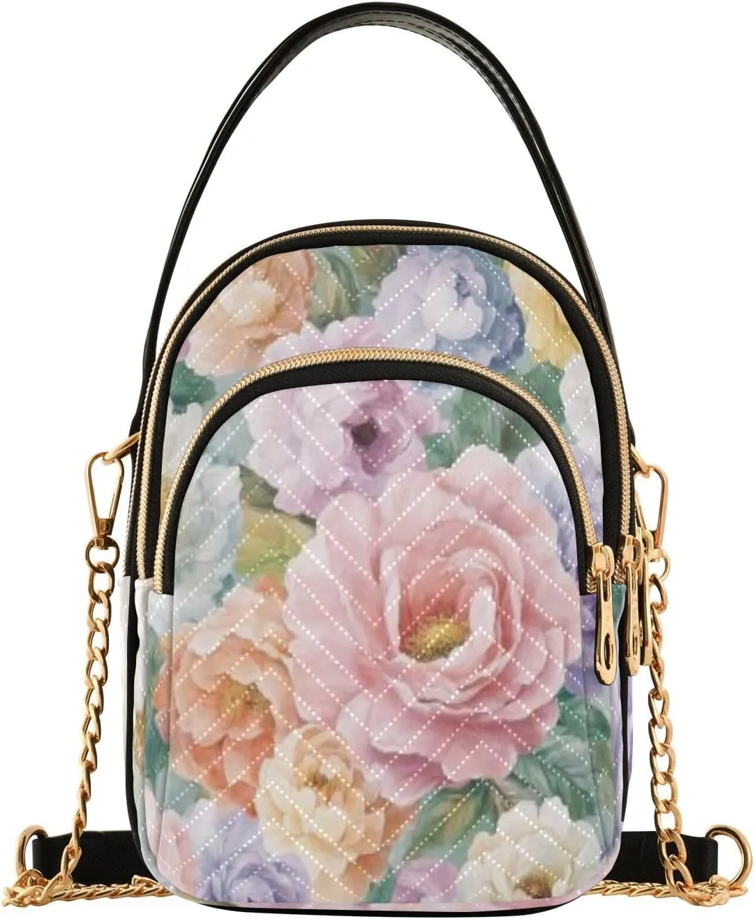 Chain Crossbody Bags for Women Watercolor Flower Petal Pink Yellow Quilted Shoulder Handbags Travel Cross Body Cell Phone Purses Bags