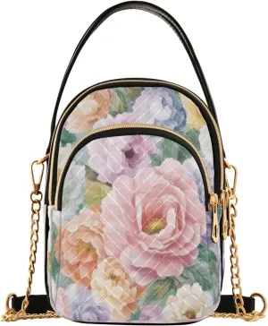 Chain Crossbody Bags for Women Watercolor Flower Petal Pink Yellow Quilted Shoulder Handbags Travel Cross Body Cell Phone Purses Bags