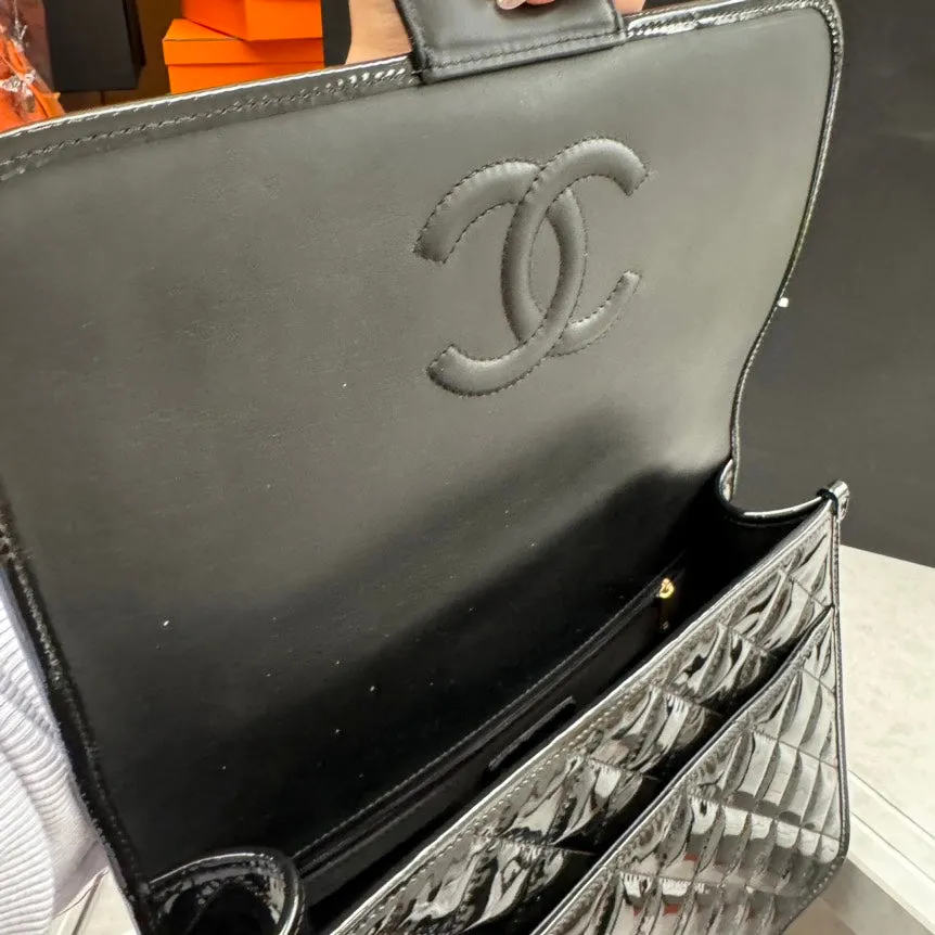 Chanel Quilted Black Patent Leather Satchel Bag