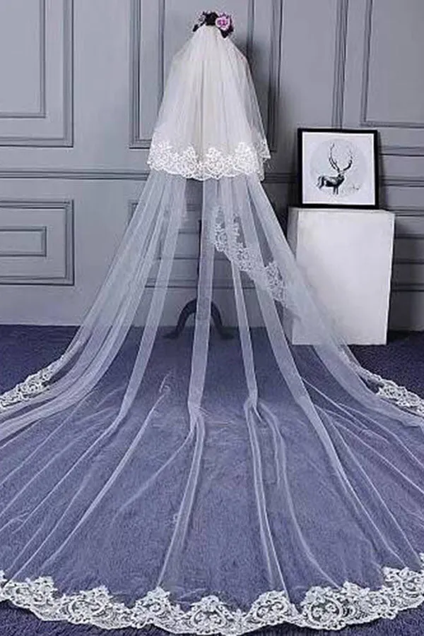 Charming Long Tulle Lace With Appliques Chapel Veils Wedding Veil
