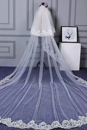 Charming Long Tulle Lace With Appliques Chapel Veils Wedding Veil