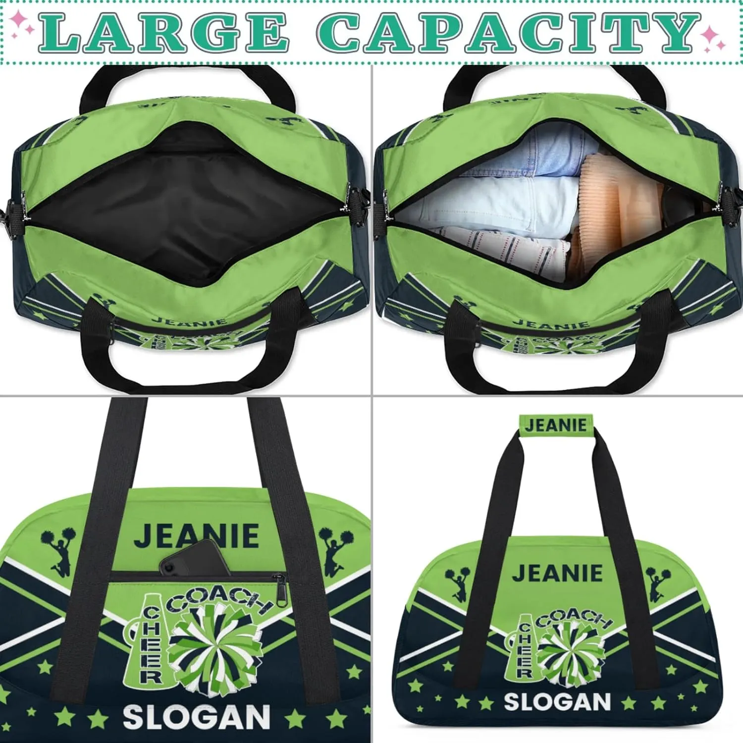 Cheer-Bags for Girls, Personalized Name Dance Ballet Gymnastics Sport Travel Duffel Bags for Cheerleader Kids with Custom Team Name for Overnight Weekender,Green Dark Blue