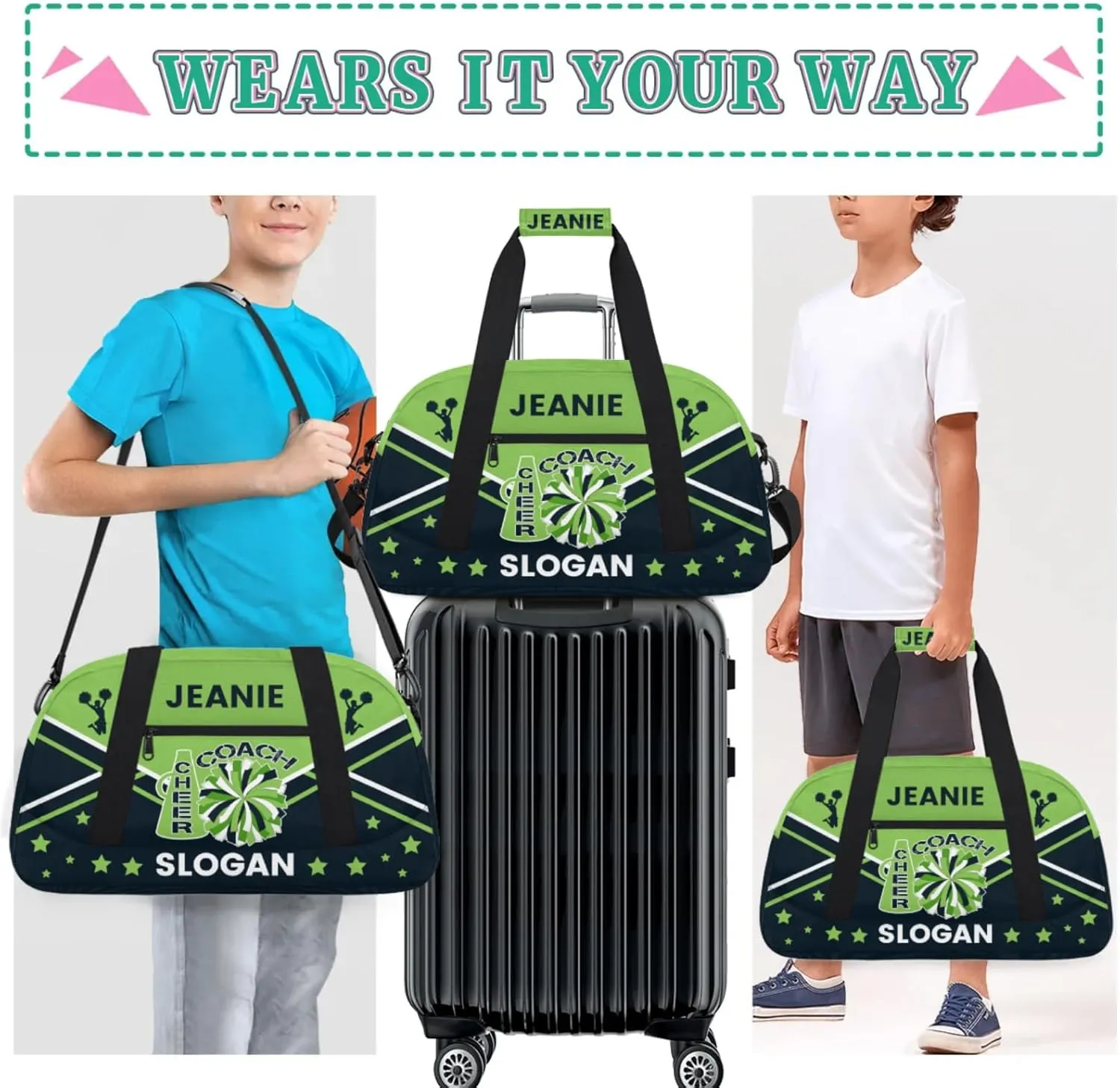 Cheer-Bags for Girls, Personalized Name Dance Ballet Gymnastics Sport Travel Duffel Bags for Cheerleader Kids with Custom Team Name for Overnight Weekender,Green Dark Blue