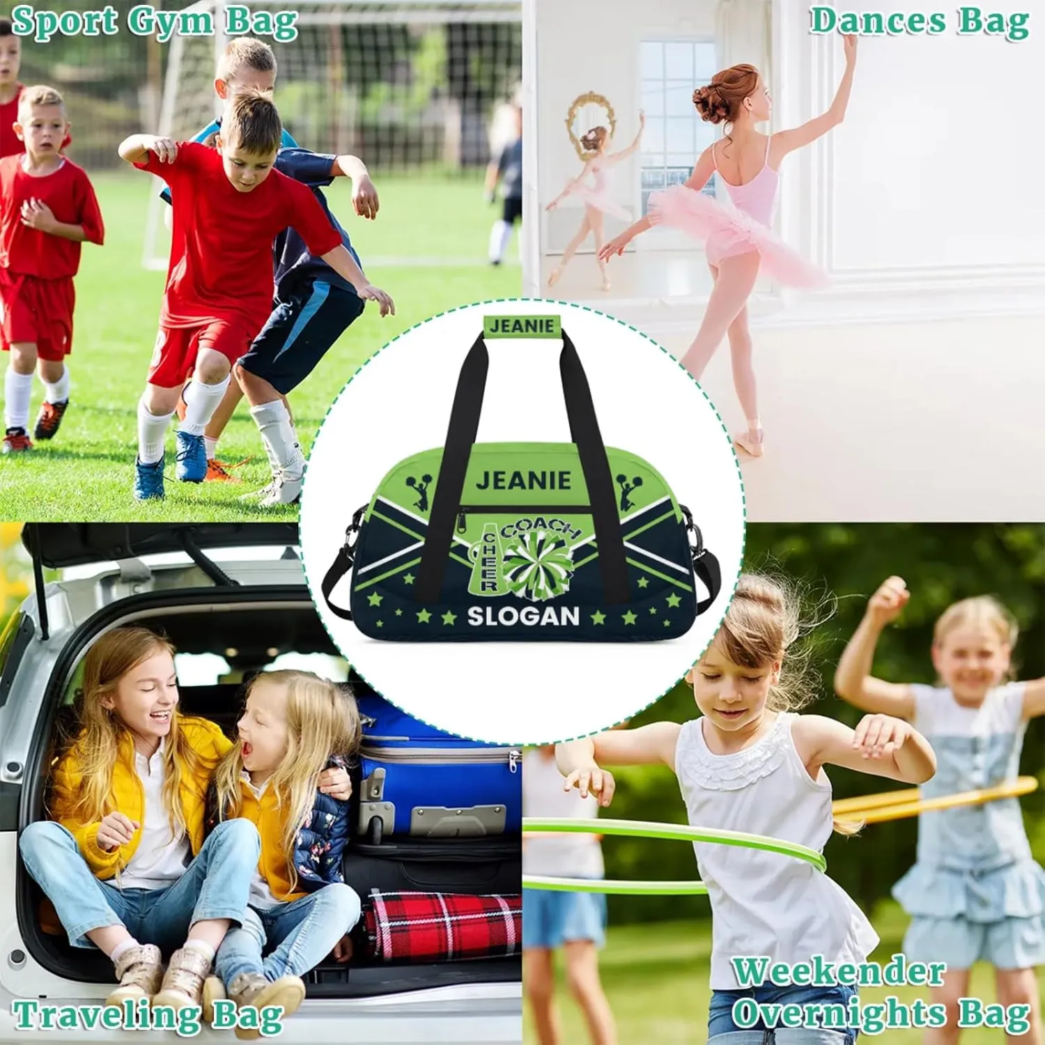 Cheer-Bags for Girls, Personalized Name Dance Ballet Gymnastics Sport Travel Duffel Bags for Cheerleader Kids with Custom Team Name for Overnight Weekender,Green Dark Blue