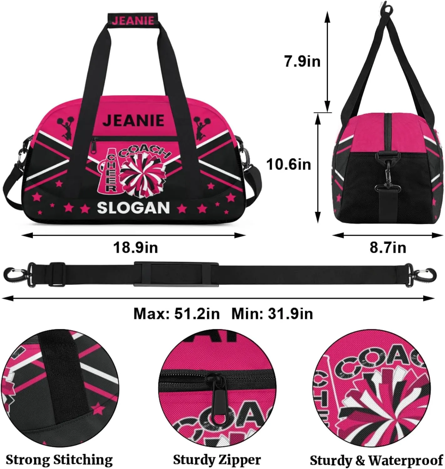 Cheer-Bags for Girls, Personalized Name Dance Ballet Gymnastics Sport Travel Duffel Bags for Cheerleader Kids with Custom Team Name for Overnight Weekender,Rose Red Black