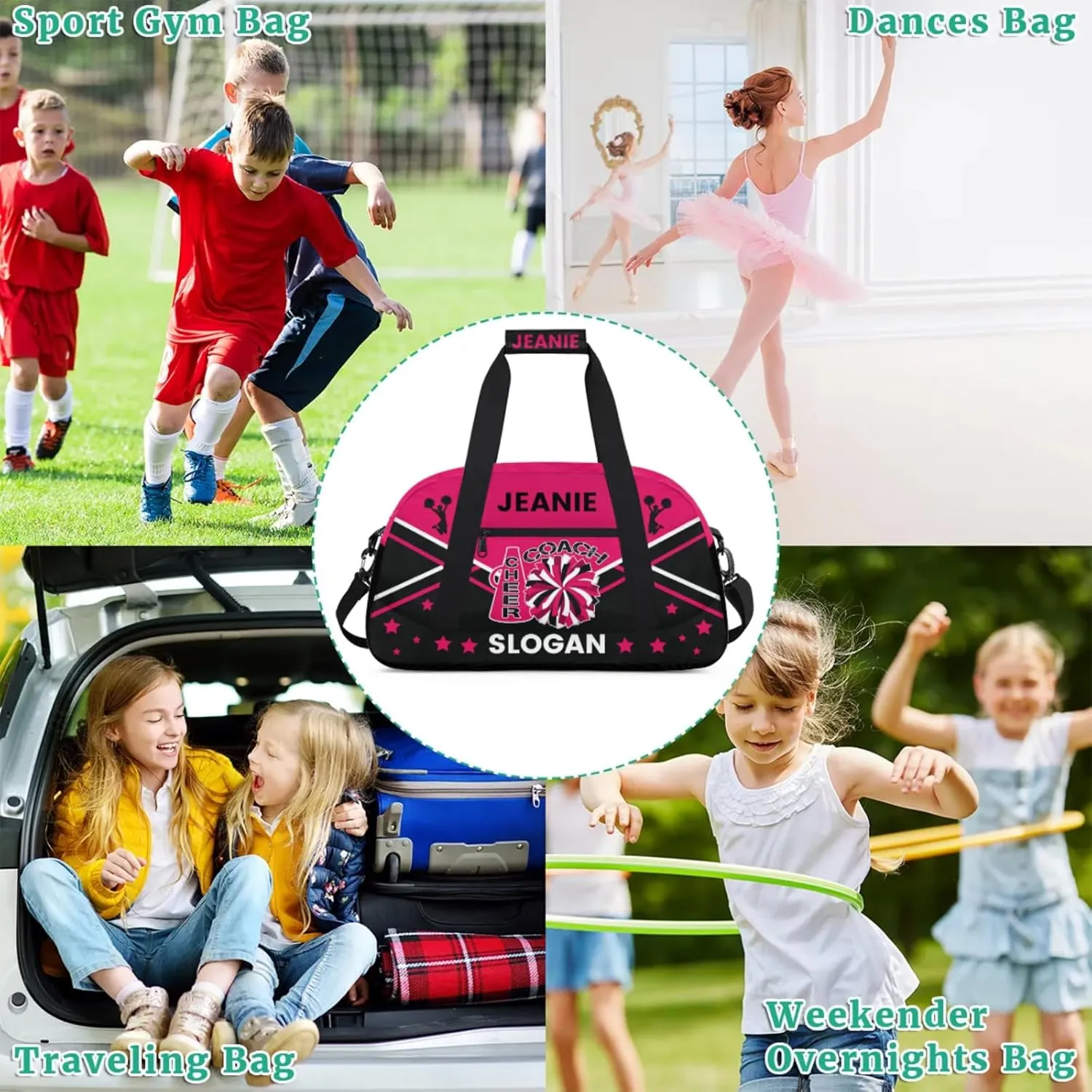 Cheer-Bags for Girls, Personalized Name Dance Ballet Gymnastics Sport Travel Duffel Bags for Cheerleader Kids with Custom Team Name for Overnight Weekender,Rose Red Black